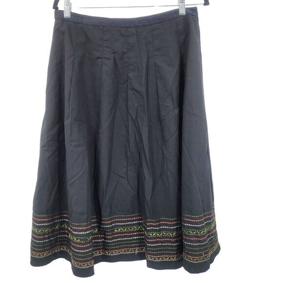 Vintage 90s Midi Skirt 12 Black Floral Embroidered Cotton A-line Full Boho - Picture 7 of 10